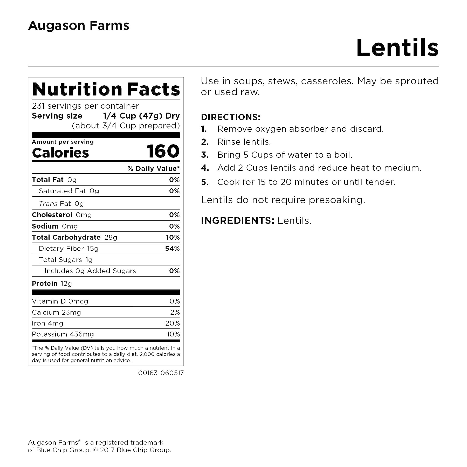 Augason Farms Lentil Beans Emergency Bulk Food Storage 24 Pound 4-gal