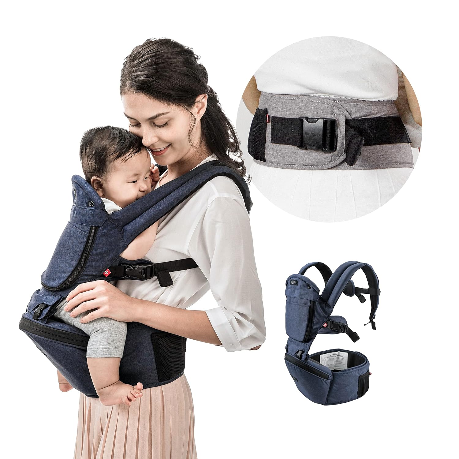 MiaMily Baby Carrier with Hip Seat, Ergonomic Hipster Plus 6 in 1 Front and Back, Lumbar Support, for Newborn to Toddler, Built-in Storage