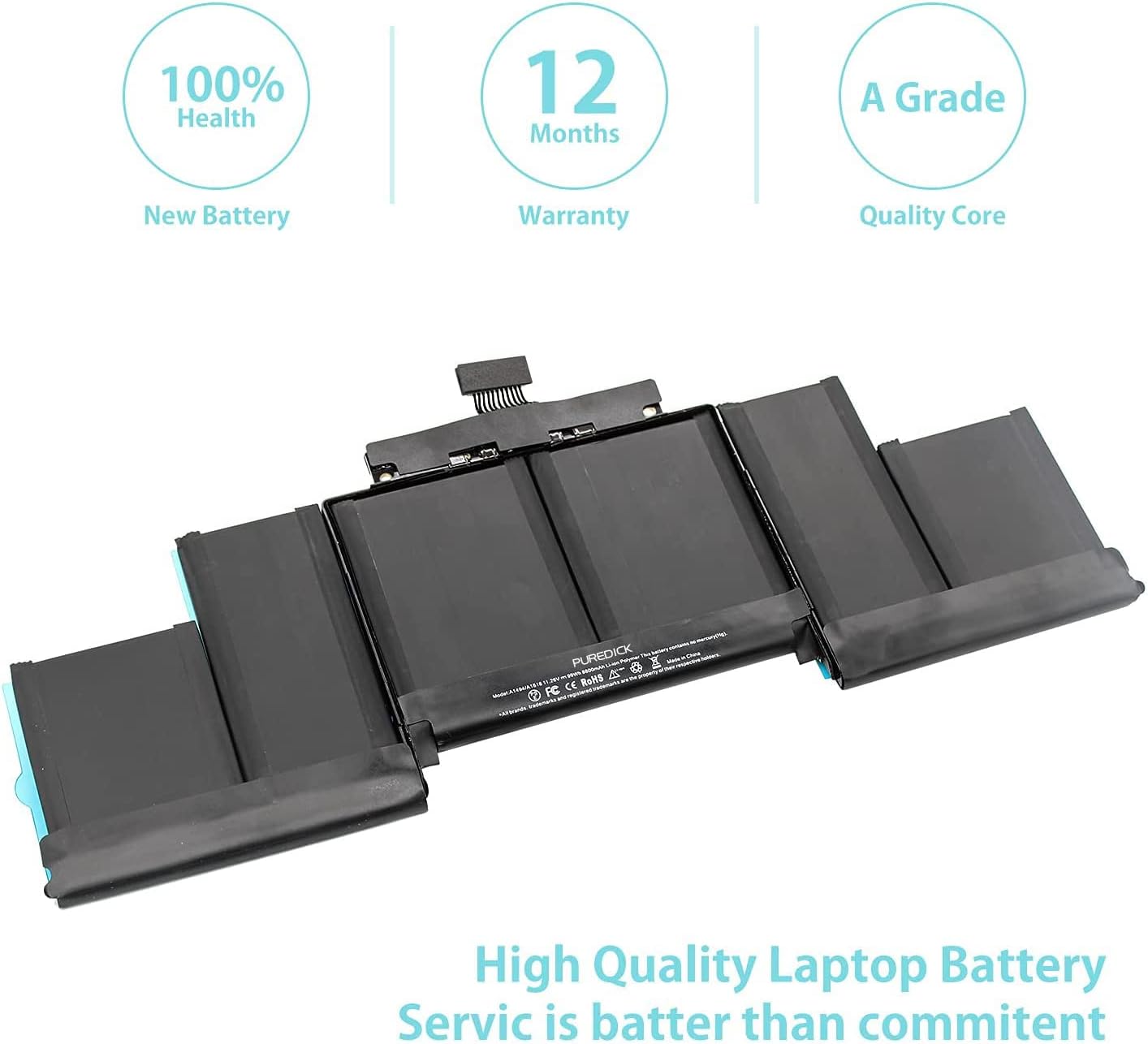 A1494 A1618 Battery Only for (Mid 2015, Mid 2014, Late 2013) A1398 - Puredick Replacement Battery for 15-inch A1398