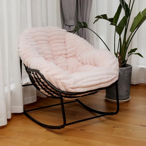 Outdoor Indoor Rocking Chair, Patio Wicker Egg Chair, Indoor & Outdoor Comfy Oversized Papasan Chair with Padded Cushion