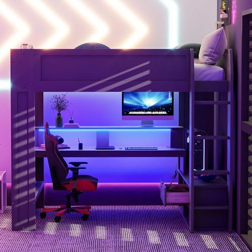 Gaming Bed with Desk,Wardrobe,Ample Storage Space,and RGB LED Light, Full Size Wood Loft Bed for Kids Bedroom (Cloud Blue/K)