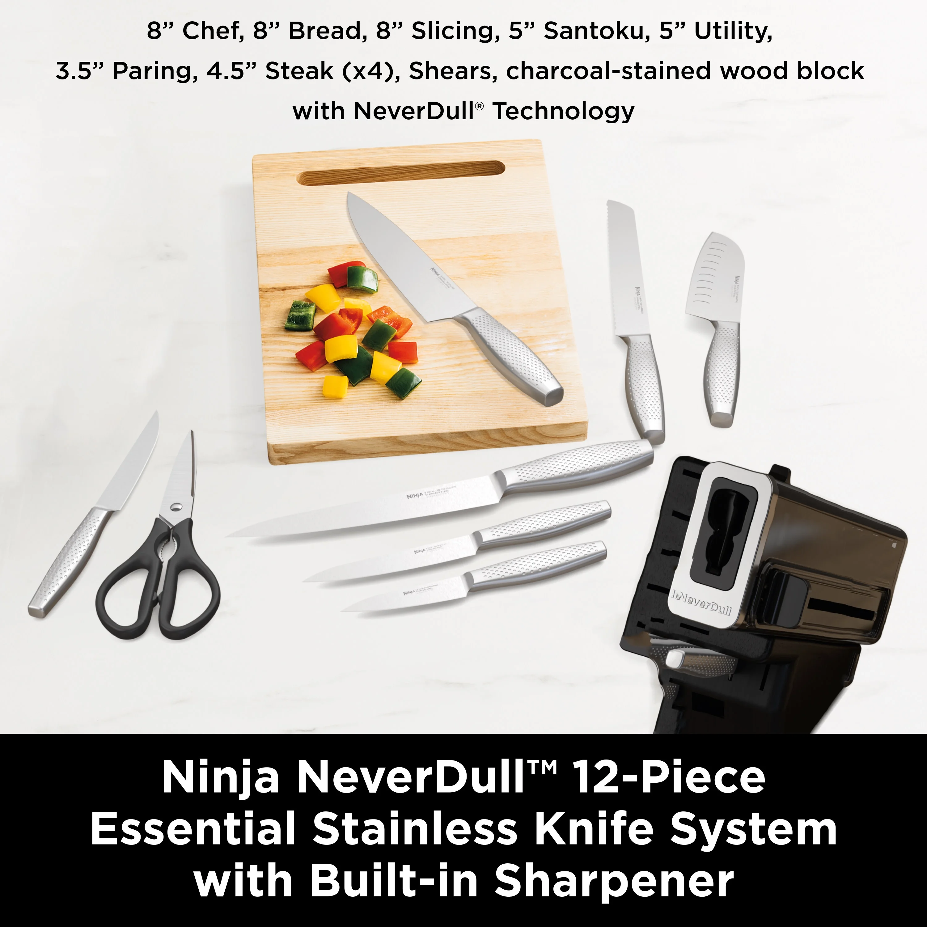 Ninja NeverDull Essential 12-Piece Stainless Steel Knife System with Built-in Sharpener, K22012