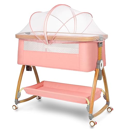 Baby Bassinet, Bedside Bassinet for Baby, 6 Height Adjustable Baby Bed, 3 in 1 Bassinet Bedside Sleeper with Wheels, Mosquito Net