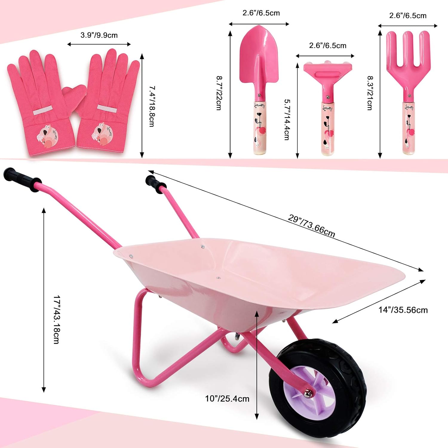 Altdorff Kids Wheelbarrow Set Metal, Child Wheel Barrel Pink Easy to Assemble and Garden Tools Kit Include Hand Rake, Shovel and Mini Rake