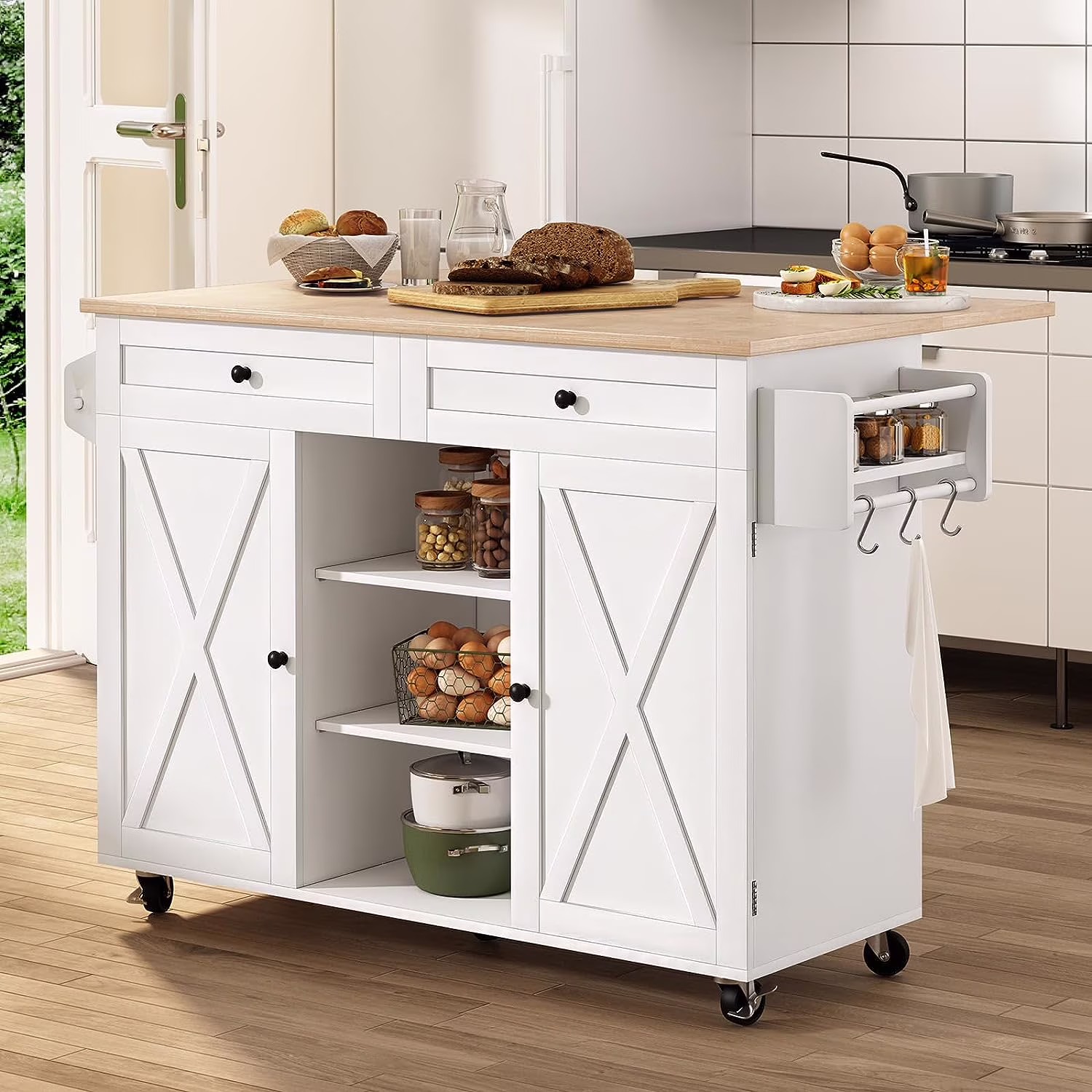 HLR Kitchen Island on Wheels, Kitchen Island with Storage&Drop Leaf, Island Table for Kitchen，White