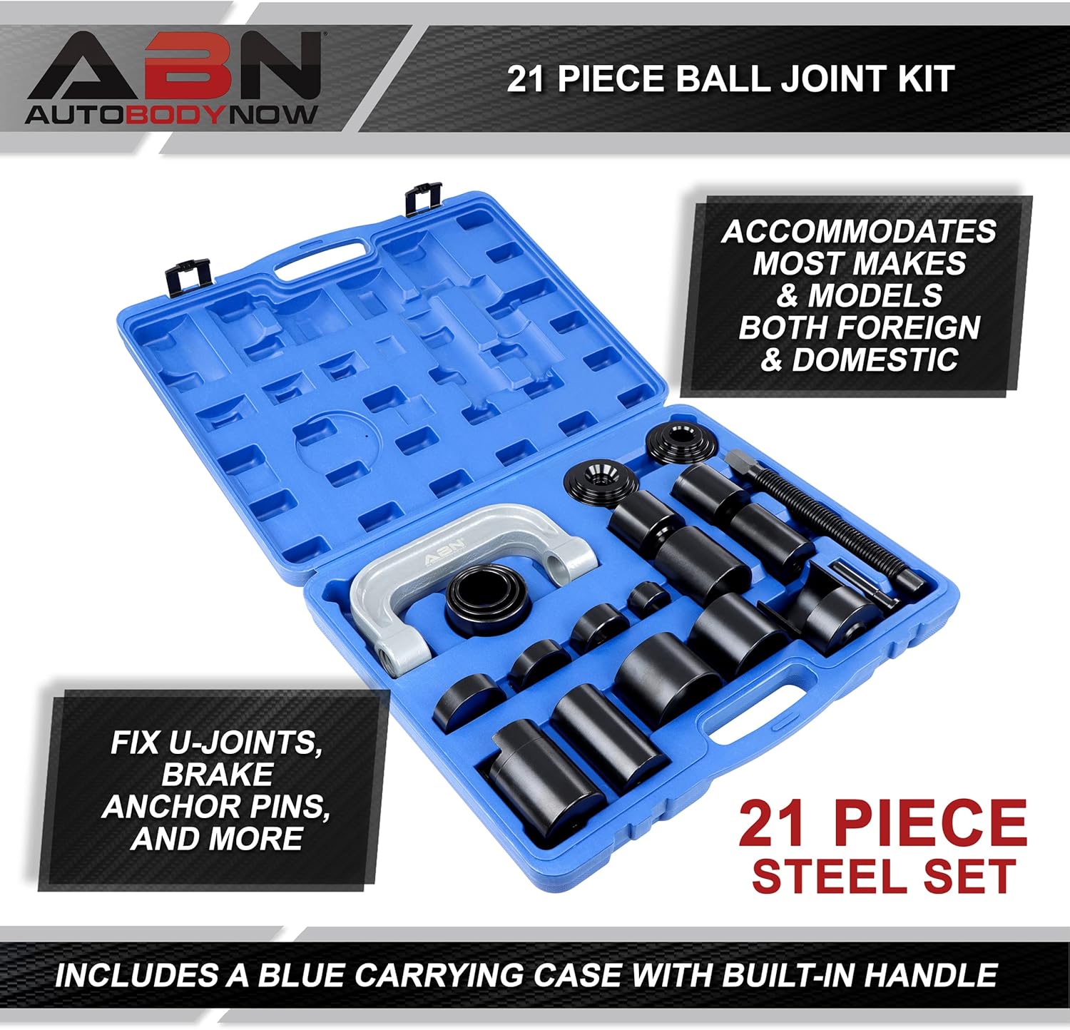 ABN 21 Piece Ball Joint Kit - Upper and Lower Automotive Ball Joint Press Removal Tool Kit - Includes Carrying Case