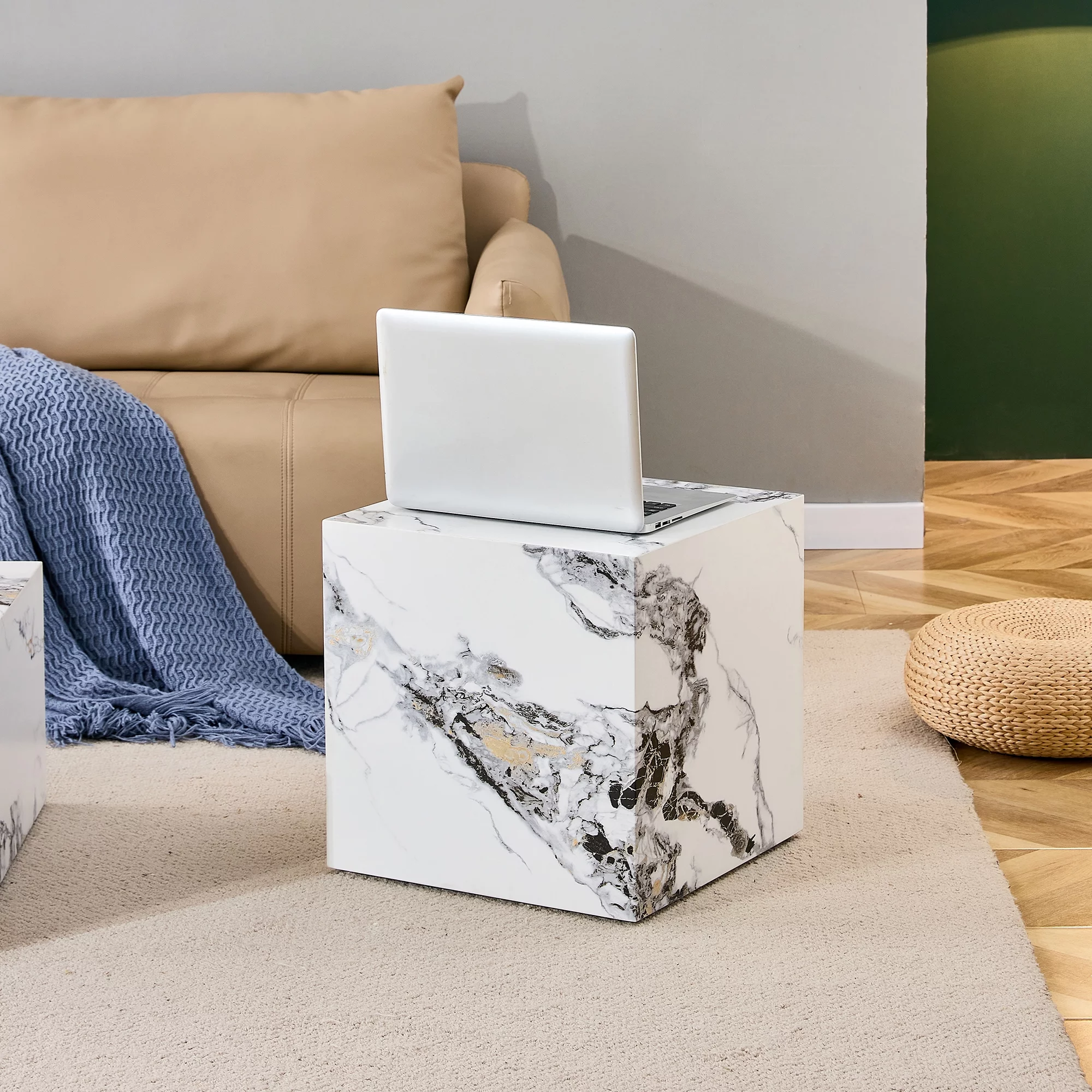 15.75 inches Modern White Cube Coffee Table - Stylish Texture Design, MDF + Sticker Material Construction