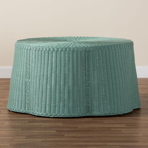bali & pari Palm Scalloped Rattan Coffee Table - Handwoven Wicker Round Accent Table for Living Room Patio or Sunroom, Coastal Boho Style, White