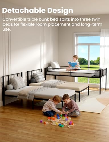 Heavy Duty Triple Bunk Bed, Twin Over Twin Over Twin with Guardrails and Ladder, Metal Bunk Bed for 3, 3 Bed Teens and Adults, No Box Spring Needed