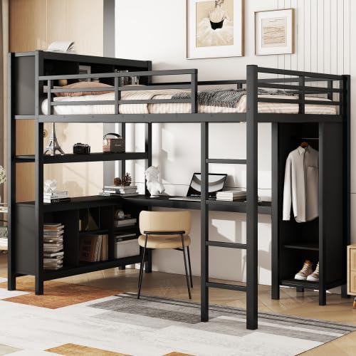 Metal Loft Bed with Wardrobe and L-Shaped Desk, Full Size Loft Bed with Storage Cubes and Shelves, Heavy Duty Loft Bed for Kids Teens, White