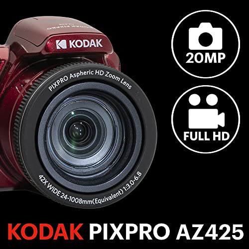 KODAK PIXPRO AZ425-RD 20MP Digital Camera 42X Optical Zoom 24mm Wide Angle 1080P Full HD Video Optical Image Stabilization Li-Ion Battery 3" LCD