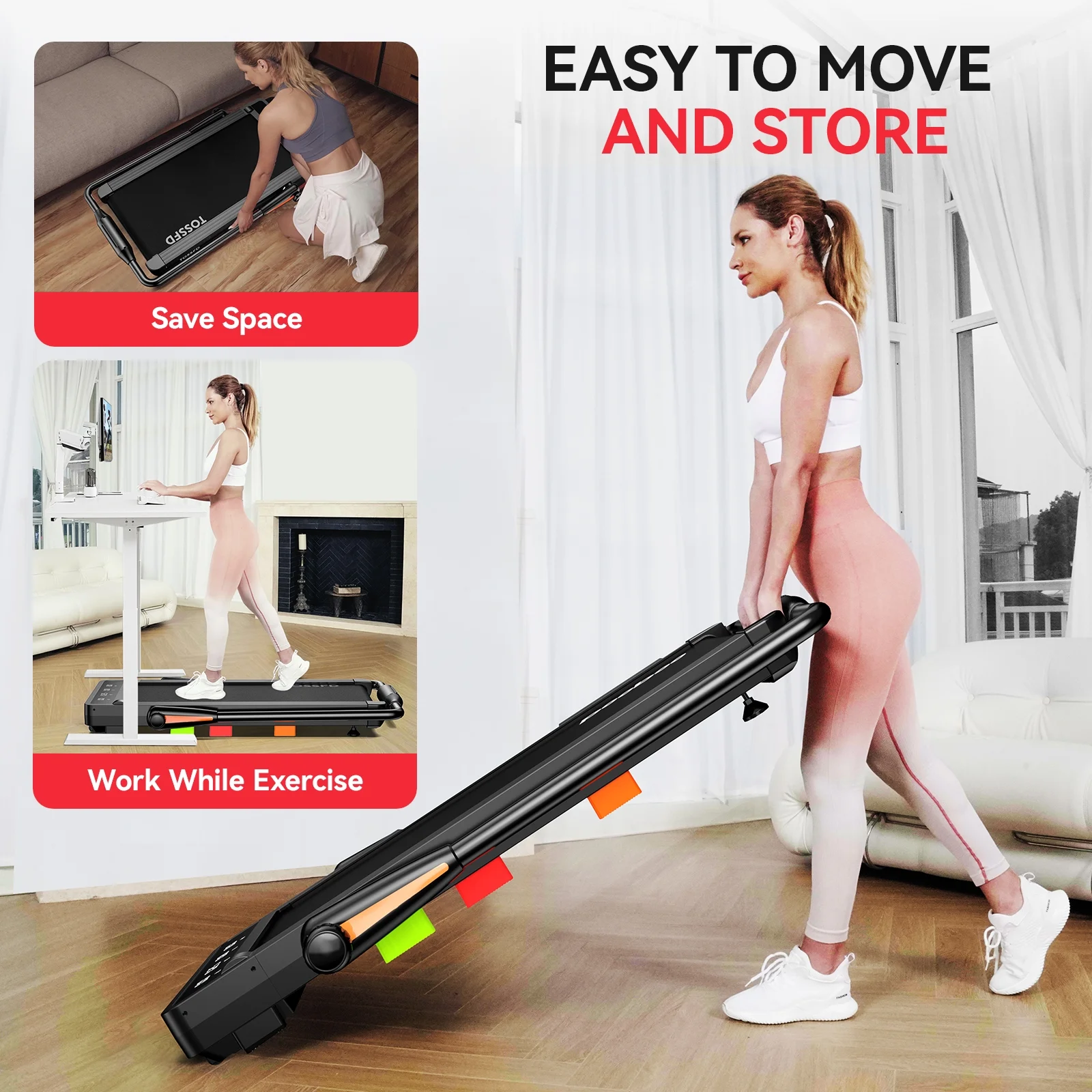 Pooboo 2 in 1 Under Desk Treadmill Black 2.5HP Folding Treadmill Walking Jogging Machine with App & Remote Control Led Touch Screen Walking Pad for