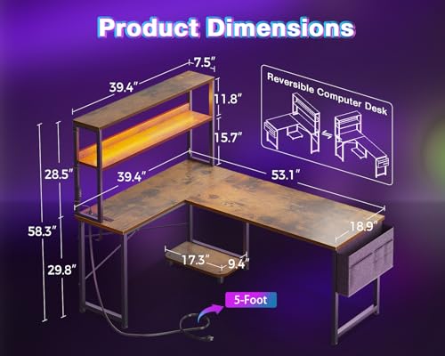 AODK L Shaped Desk Gaming Desk with LED Light & Power Outlet