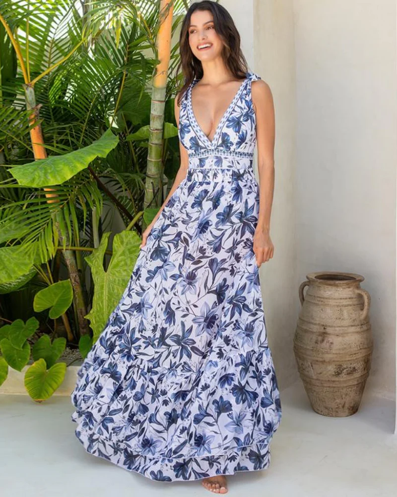 Blue Print Swimsuit Set with Cover Skirt V Neck Swimsuit Dress
