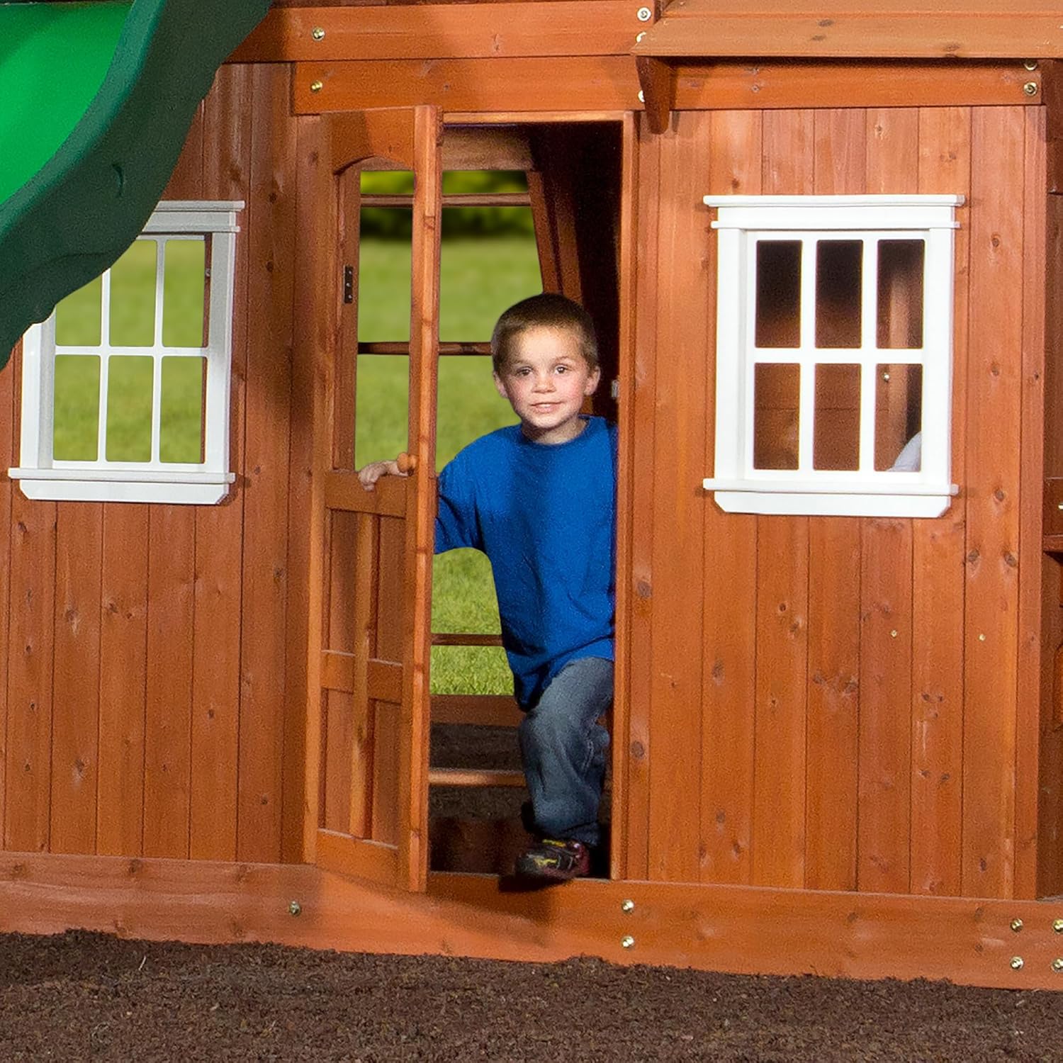 Backyard Discovery Shenandoah All Cedar Wooden Playset Swing Set with 2 Belt Swings, Trapeze Bar, 10 ft Wave Slide, Covered Upper and Lower Playhouse