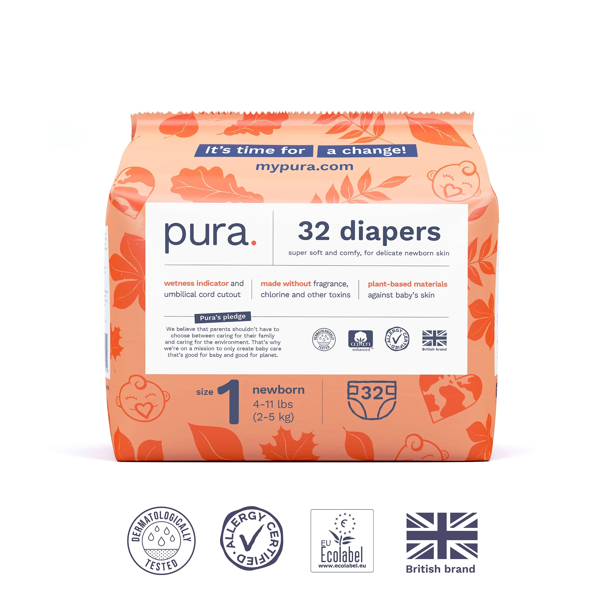 Pura Sensitive Soft Sustainable Baby Diapers Size 1, 96 Count (Choose Your Size and Count)