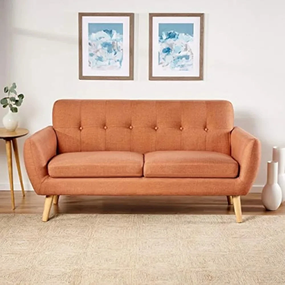 Sofas for Living Room Home Mid-Century Modern Petite Fabric Sofa Sofa Living Room Sofas Burnt Orange / Natural Bed Furniture