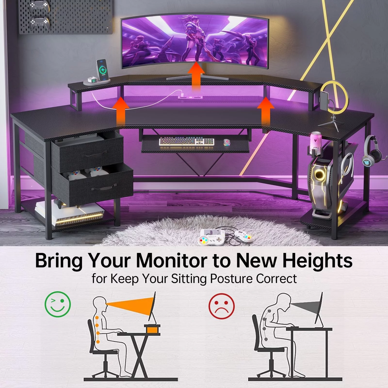 79" Gaming Desk with LED Lights&Power Strip&2 Fabric Drawers, Modern L Shaped Computer Desk for Home Office with Storage Shelf&Keyboard Tray, Black