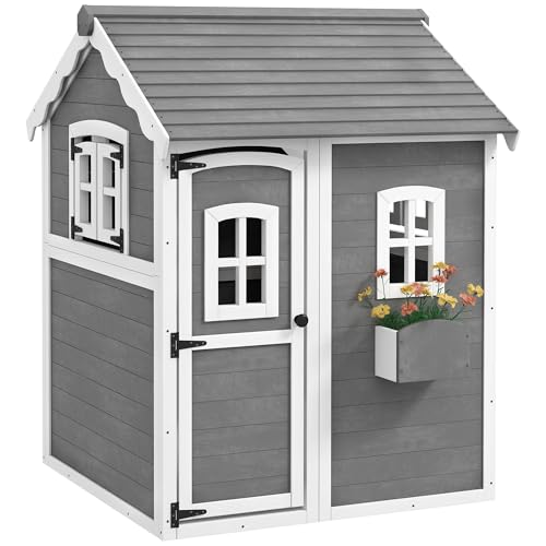 Outsunny Playhouse for Kids, Outdoor Wooden Playhouse with Floor, Door, Windows & Planter Box for 3-8 Year Olds, Backyard, Lawn, Garden, Gray