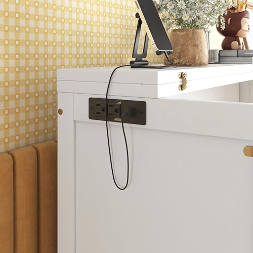 KEIKI Queen Size Cabinet Murphy Bed with Charging Station and Drawer, Multiple Storage Foldable Hideaway Wall Murphy Bed Frame with Solid Slat