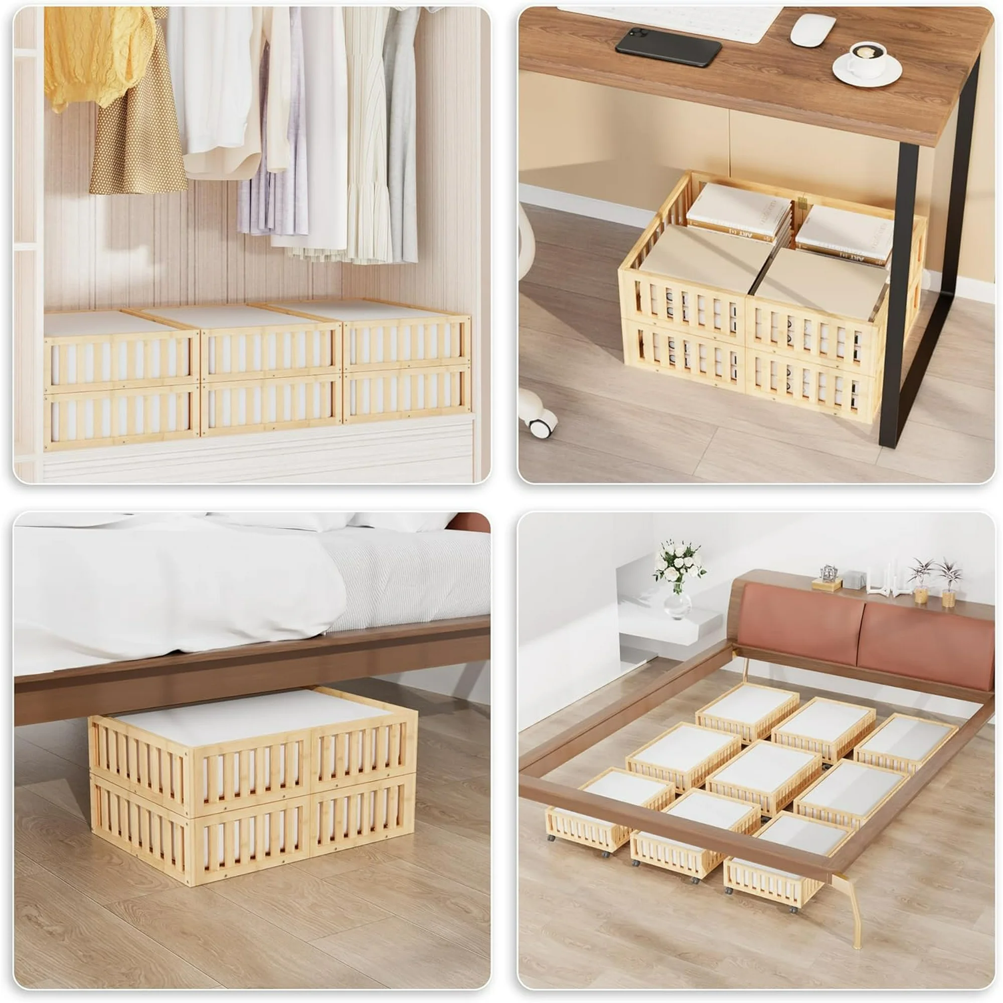 Bamboo Under Bed Storage with Wheels (2-Pack) – Rolling Underbed Shoe Organizer Box for Shoes, Blankets, Toys