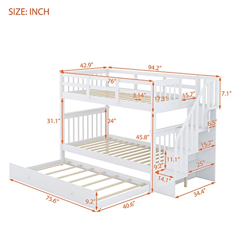 Harper & Bright Designs Twin Over Twin Bunk Bed with Stairs and Trundle, Solid Wood Stairway Bunk Bed Frame with Storage