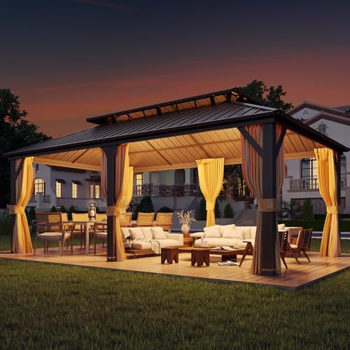 YOLENY 10' x 12' Hardtop Gazebo, Metal Gazebo with Aluminum Frame, Double Galvanized Steel Roof, Curtains and Netting Included