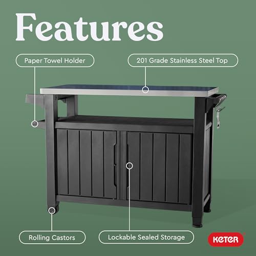 Keter Outdoor Rolling Table Cart for Food Prep, Storage, Bar & Grill, Dark Brown - Portable Kitchen Island Tabletop with Wheels for Drinks, Snacks