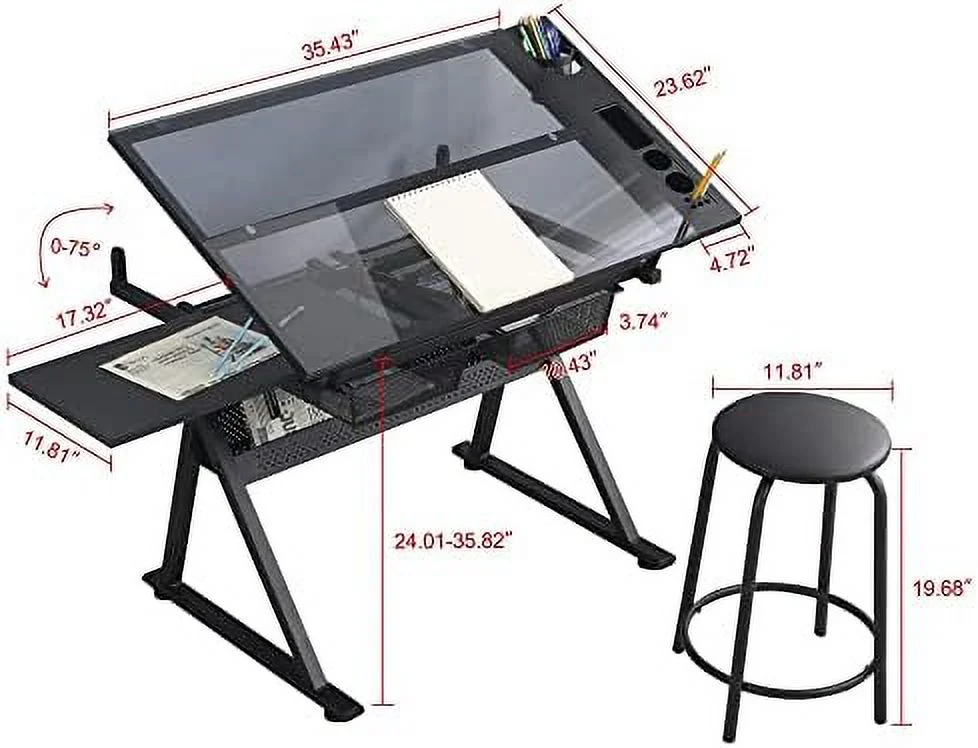 KBANZIBIU Height Adjustable Drafting Tables  Glass Drawing Art Table  Tilting Tabletop Paintings Work Station  Table Chair Chair-2  Drawer for