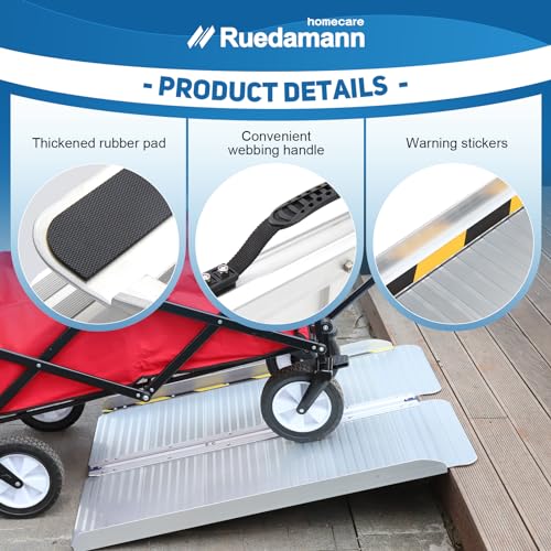 Ruedamann Aluminum Folding Threshold Ramp, 600 Pound Capacity, Anti-Skid Pad, Webbing Handle, Anti-Collision Mute Pad for Wheelchairs, Steps, Stairs
