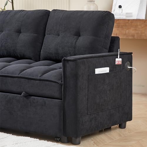 Convertible Chair Bed, 3 in 1 Convertible Sofa Bed Sleeper Sofa with Storage Chaise & Side Pocket, Built-in Charging Station