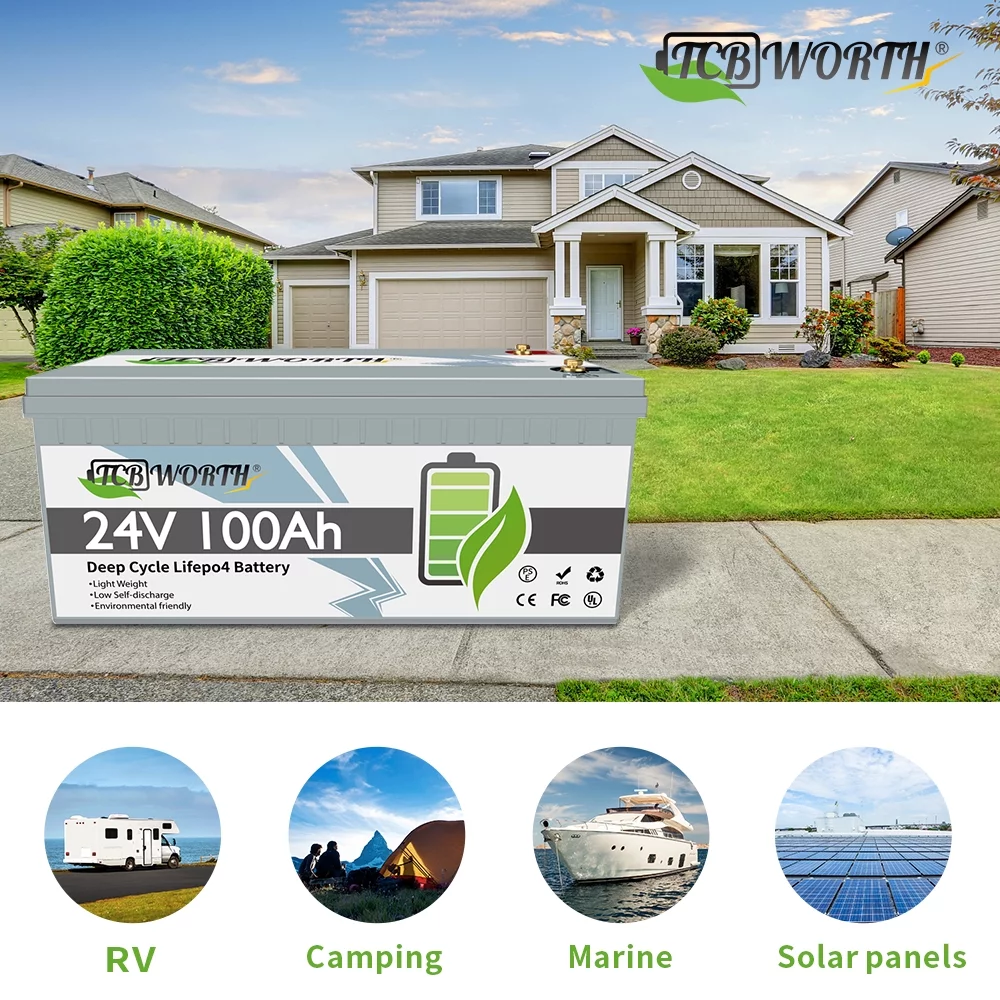 24V 100AH Lifepo4 Battery with Perfect BMS Support Series and Parallel for Trolling Motor Golf Cart Solar System RV Household Appliances Emergency