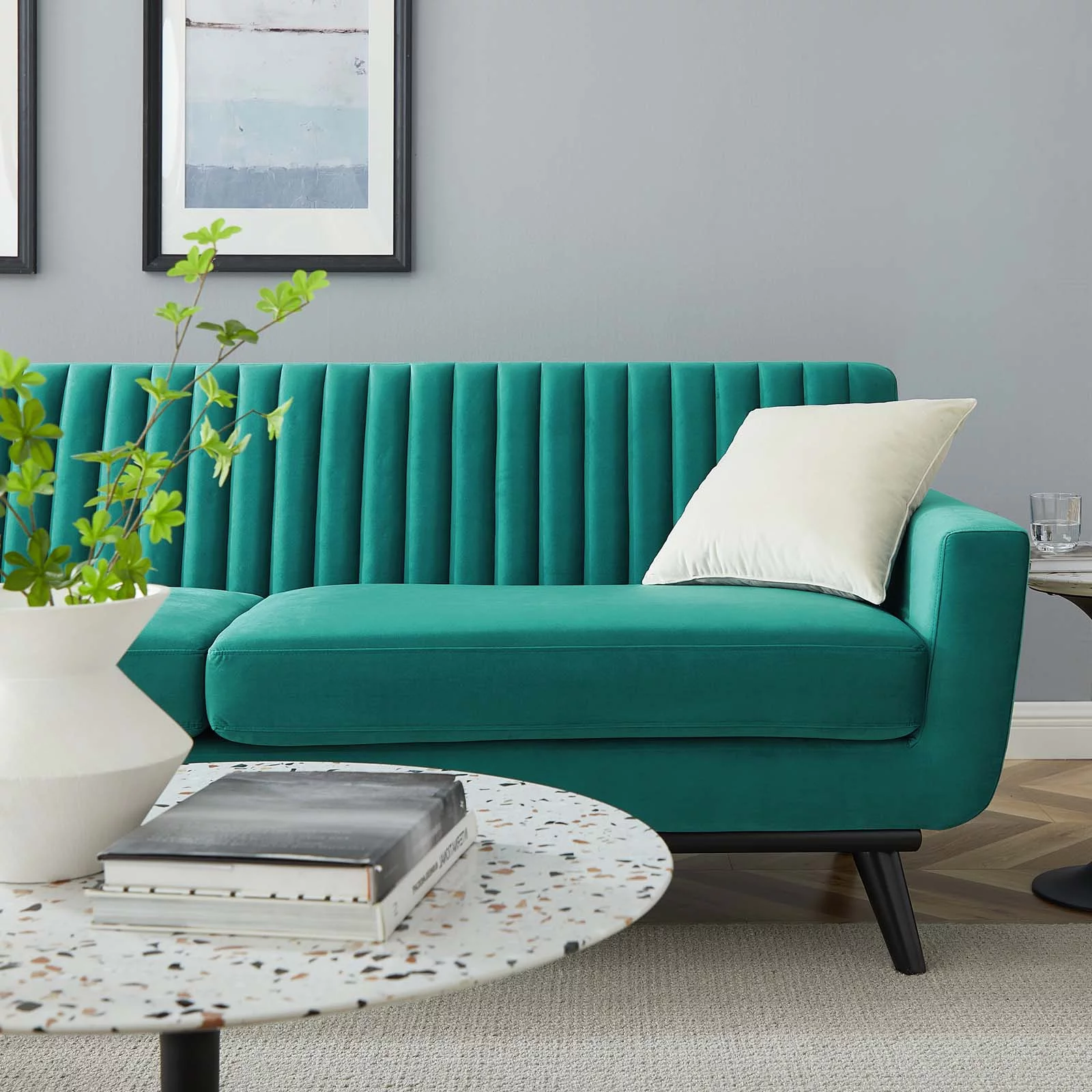 Tufted Sofa, Velvet, Teal Blue, Modern Contemporary Urban Design, Living Lounge Room Hotel Lobby Hospitality