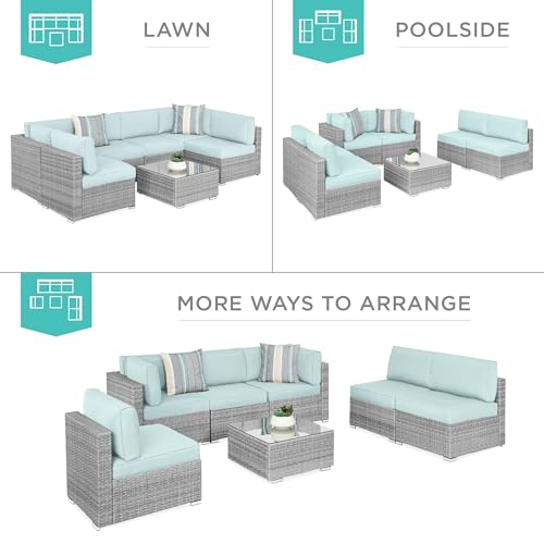 Best Choice Products 7-Piece Modular Outdoor Sectional Wicker Patio Conversation Set w/ 2 Pillows, Coffee Table, Cover Included - Gray/Navy