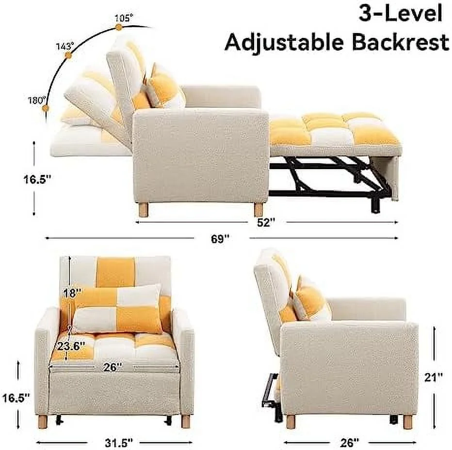 HOOMHIBIU Sleeper Chair Bed Convertible Single Sofa Chair Bed with Pillow Pull Out Sleeper Bed with Adjustable Backrest Multi-Functiona Lounge Chair
