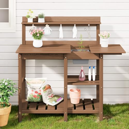 SERWALL Potting Bench Outdoor Potting Table with Sink, HDPE Potting Benches for Outside Gardening Table All Weather Use- Black