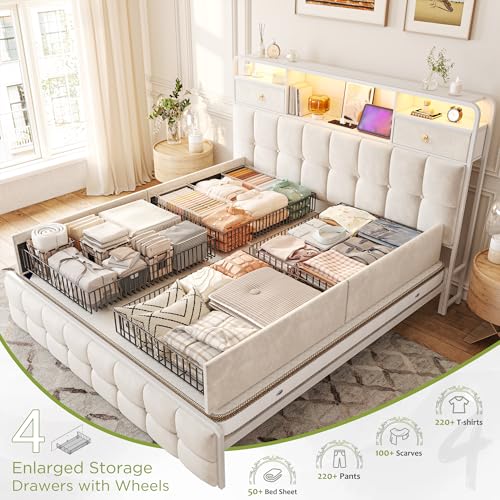 EnHomee King Size Bed Frame with 4 Storage Drawers King Bed Frame with Headboard Built in Charging Station and LED Lights, No Noise