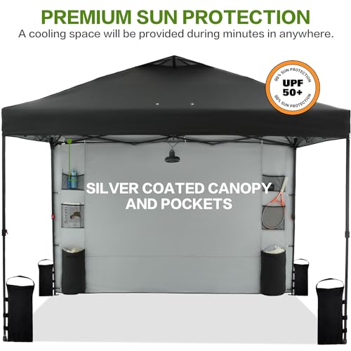 10'x10' Pop Up Canopy Tent with 1 Sidewall and 6 Pockets, One Push Setup, Instant Shade Tent with Vented Roof for Beach Patio Outdoor, Case, 8 Stakes