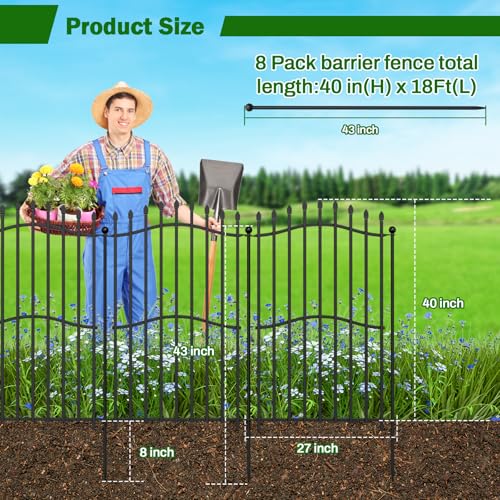 8 Panels Tall No Dig Garden Fence - 40in H x 18ft L, Reinforced Square Tube Rustproof Animal Barrier