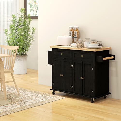 HOMCOM Kitchen Island on Wheels, Rolling Cart with Rubberwood Top, Spice Rack, Towel Rack and Drawers for Dining Room, Navy Blue