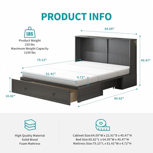 BALUS Queen Murphy Bed Cabinet, Murphy Beds with USB Charging Station, Foldable Mattress