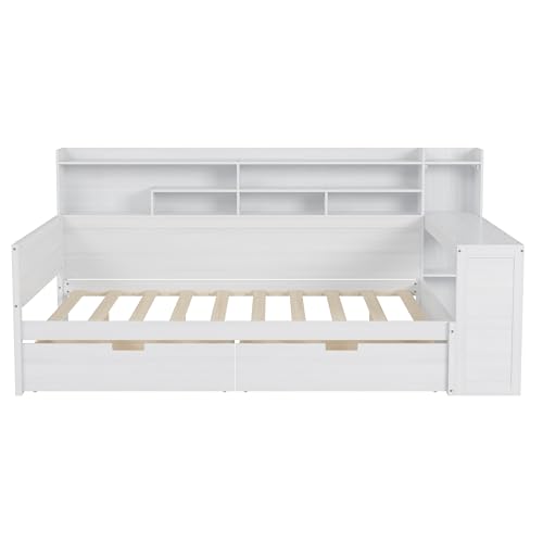 Corner Twin Bed Frame with Bookcase Storage and Desk, Wood Day Beds with 2 Drawers, Twin Size Daybed with Storage for Living Room