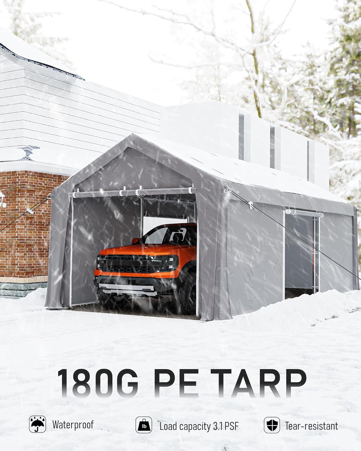 Carport 13'x20' Heavy Duty Portable Garage, 1.0 mm Steel Poles & 180 g PE Waterproof Canopy, with Front & Rear Doors and 2 Side Doors