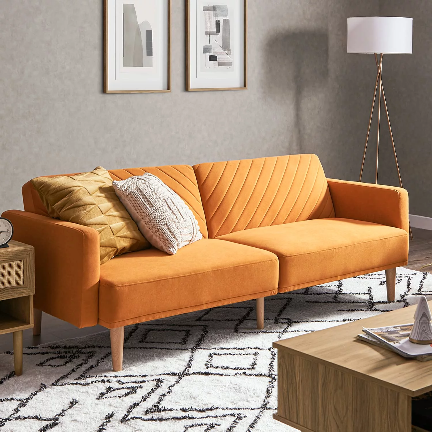 Mopio Chloe Futon Sofa Bed Convertible Sleeper Sofa with Tapered Legs Apricot Velvet