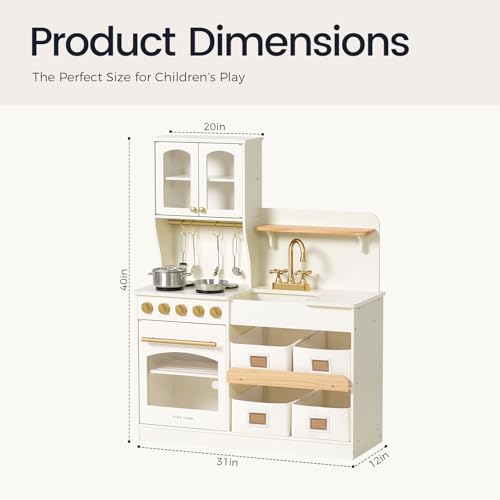 Tiny Land Play Kitchen for Kids with Enhanced Storage – Modern Toddler Kitchen Playset with Stove, Sink & Accessories, Organized Wooden Toy Kitchen