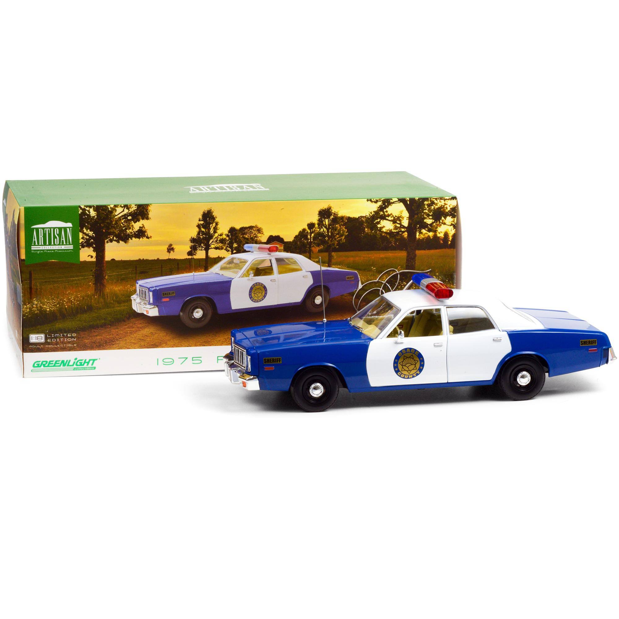 1975 Plymouth Fury Osage County Sheriff Blue and White 1/18 Diecast Model Car by Greenlight