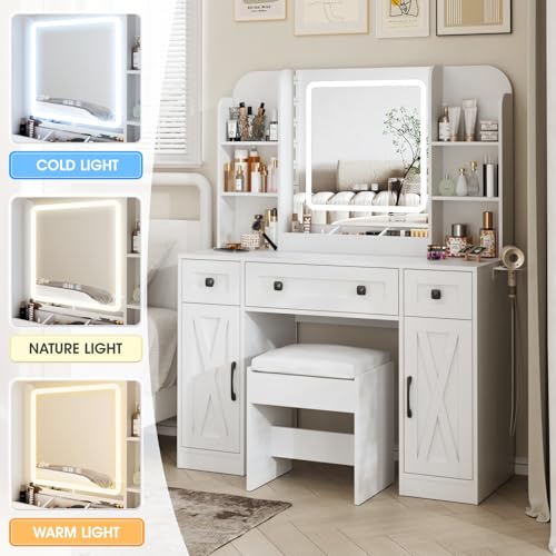 Vabches Makeup Vanity Desk, Vanity Mirror with Lights Desk and Chair,Makeup Table with 3 Large Drawers and 2 Cabinets, Time and Temperature Display