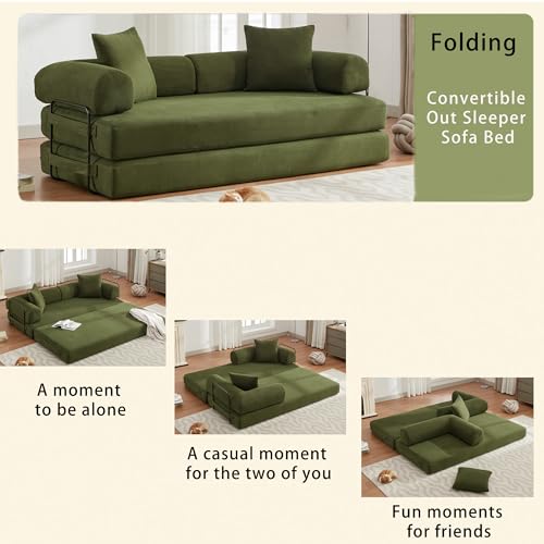 Convertible Sleeper Sofa Bed with Cylindrical Pillow, Corduroy Folding Mattress Couch with Fixed-Shape Frame