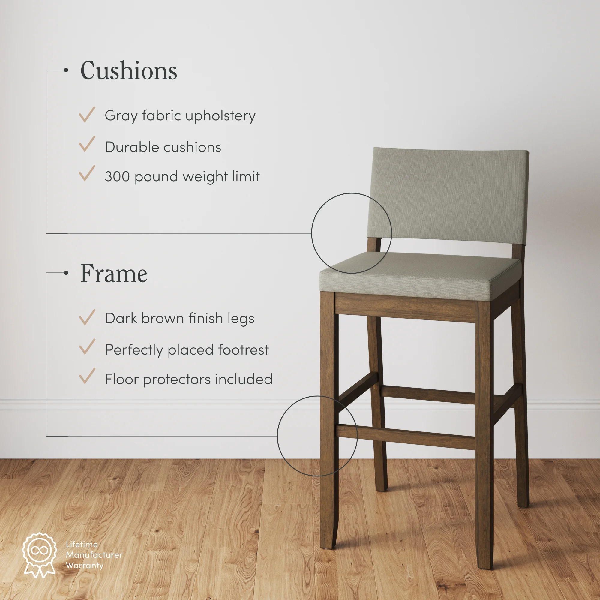 Nathan James Linus Modern Upholstered Bar Stool with Back and Solid Rubberwood Legs in a Wire-Brushed Finish, Light Gray/Dark Brown