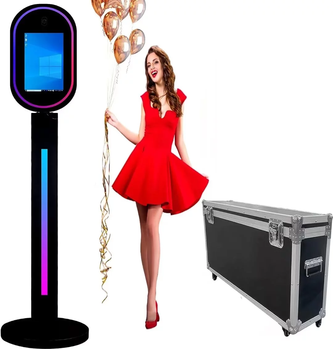 Black 13.3 In Portable Touch Mirror Photo Booth  Built-in Mini PC & Camera Photo Booth with Round Ring Light and Flight Case for Events Wedding